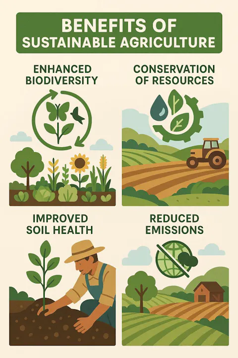 The image highlights the benefits of sustainable agriculture: enhanced biodiversity, resource conservation, improved soil health, and reduced emissions.