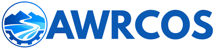 The image features a logo for AWRCOS, incorporating mountains, a river, and a gear design, with blue color tones.