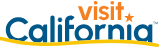 Logo with text "Visit California" and a small star, featuring blue and orange colors with a yellow underline.