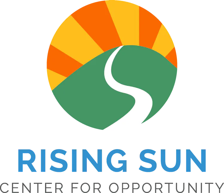 The image features a logo with a rising sun, a hill, and a winding road, labeled "RISING SUN CENTER FOR OPPORTUNITY."