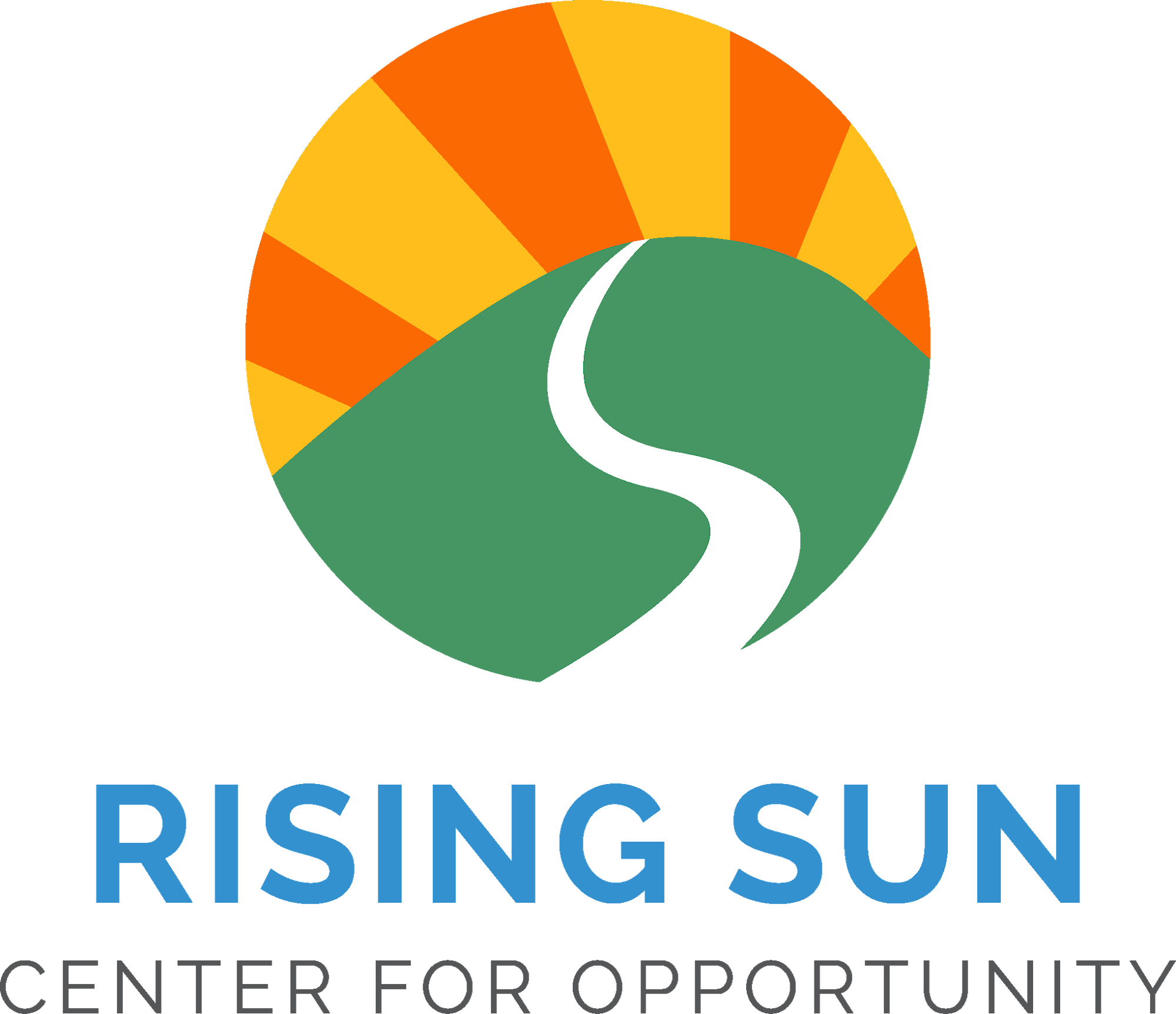 The image features a logo with a rising sun, a hill, and a winding road, labeled "RISING SUN CENTER FOR OPPORTUNITY."