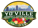 Logo for "Yo'Ville Community Garden and Farm" with vegetables and a city skyline in the background.