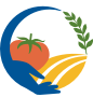 A blue hand holding a tomato with leaves, a field icon, and another hand on top.