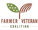 Logo with two leaves featuring stars and stripes, and the text "Farmer Veteran Coalition" below.