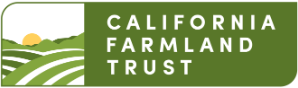 Logo of California Farmland Trust with a sunrise over fields in a green rectangle.