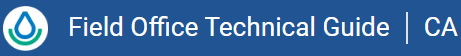 Logo with a water droplet icon and the text "Field Office Technical Guide | CA" on a blue background.