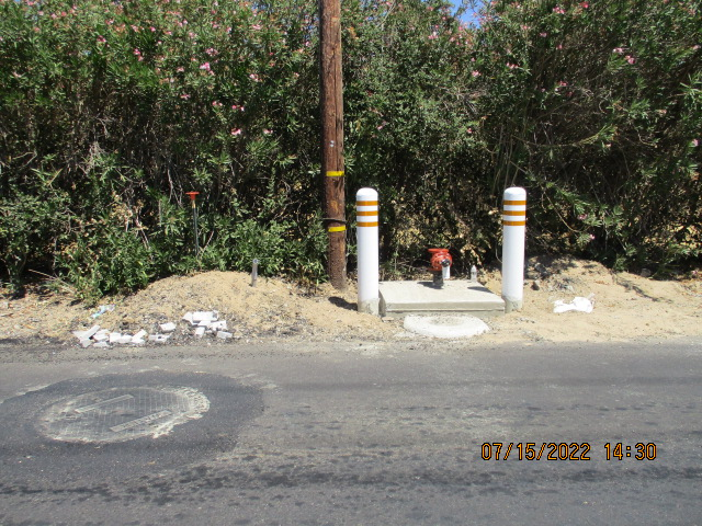 A roadside scene with a fire hydrant between two bollards, litter, a manhole cover, and vegetation in the background.