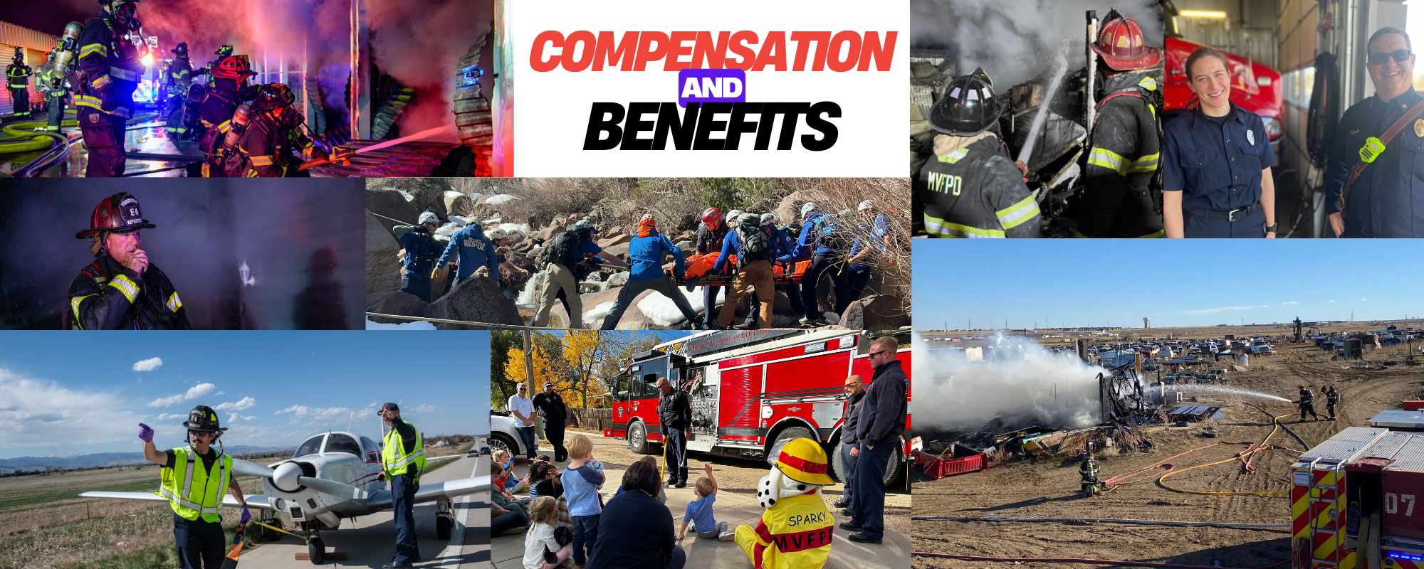 Collage of firefighting scenes: firefighters in action, team rescues, fire trucks, educational events, and "Compensation and Benefits" text.