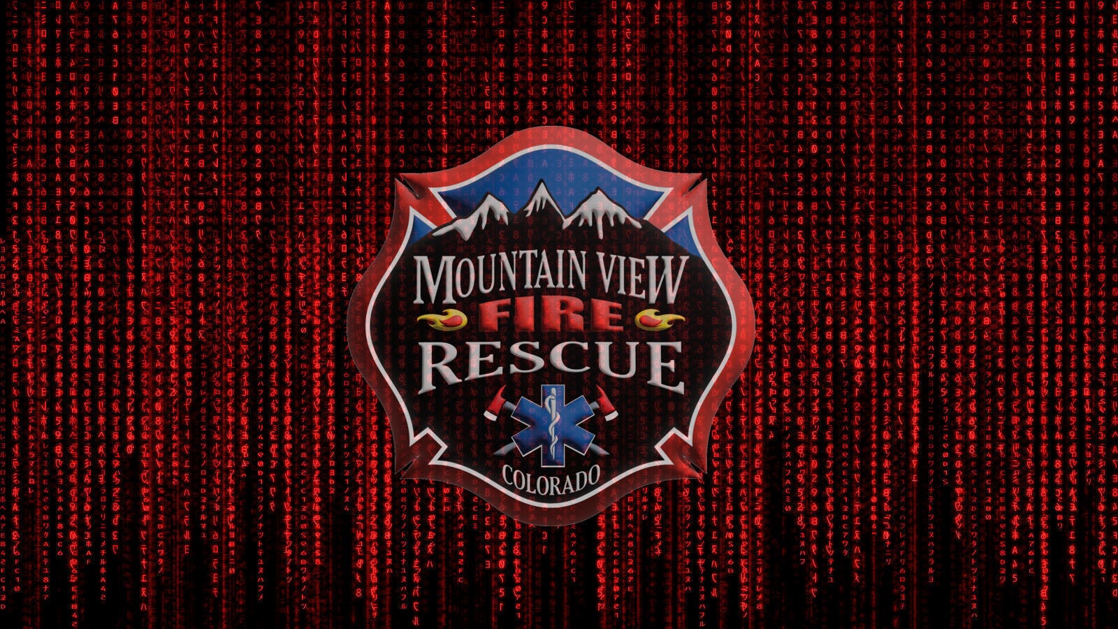 Logo of Mountain View Fire Rescue Colorado on a red background with digital-style characters.