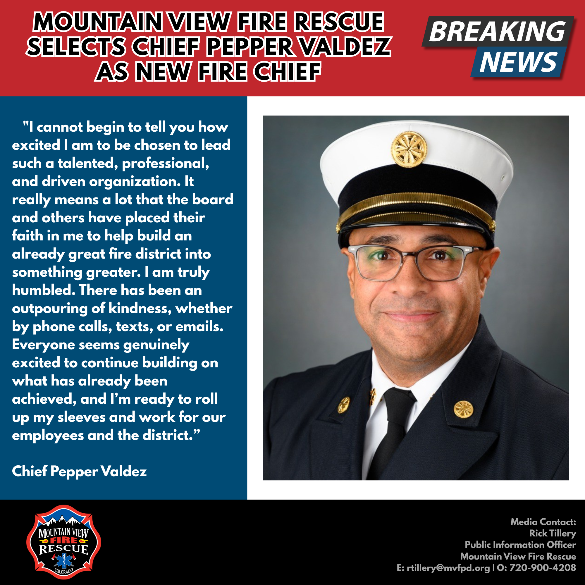 Chief Pepper Valdez is announced as the new Fire Chief for Mountain View Fire Rescue with a statement of gratitude and commitment.