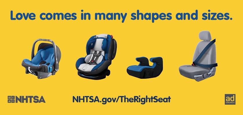 An ad featuring different types of car seats for children with safety campaign slogans.