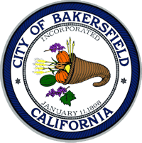 Seal of Bakersfield, California with a cornucopia, flowers, and text stating "Incorporated January 11, 1898."