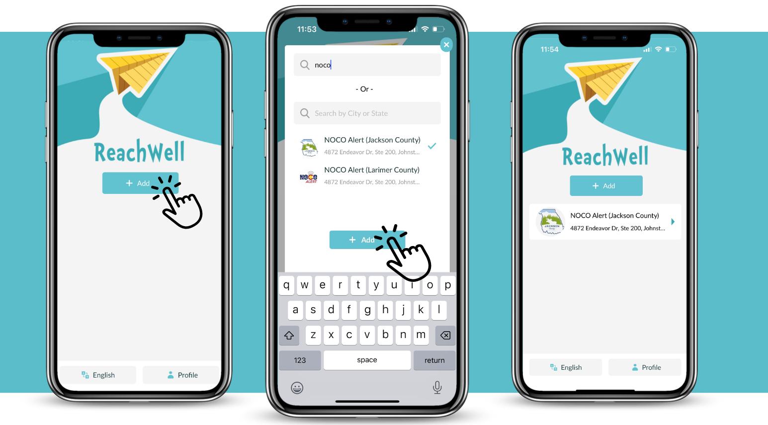 Three smartphones showing the ReachWell app interface with different screens: a welcome screen, a search function, and a profile page.