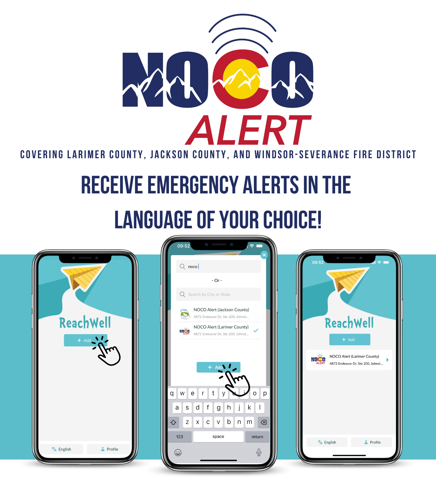 An advertisement for NOCO Alert with smartphones displaying the ReachWell app, offering emergency alerts in various languages.
