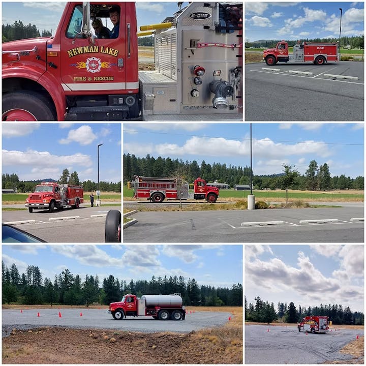 Red fire trucks from Newman Lake Fire & Rescue are parked and driving in various outdoor scenes.