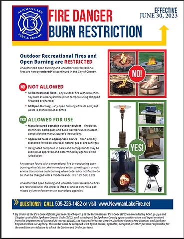 Fire danger burn restrictions in effect; no recreational fires allowed. Fire pits, BBQs, and similar devices permitted. Effective June 30, 2023.