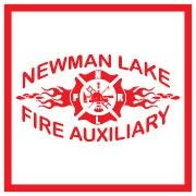 Logo reads "Newman Lake Fire Auxiliary" with a maltese cross and flames in red on a white background.