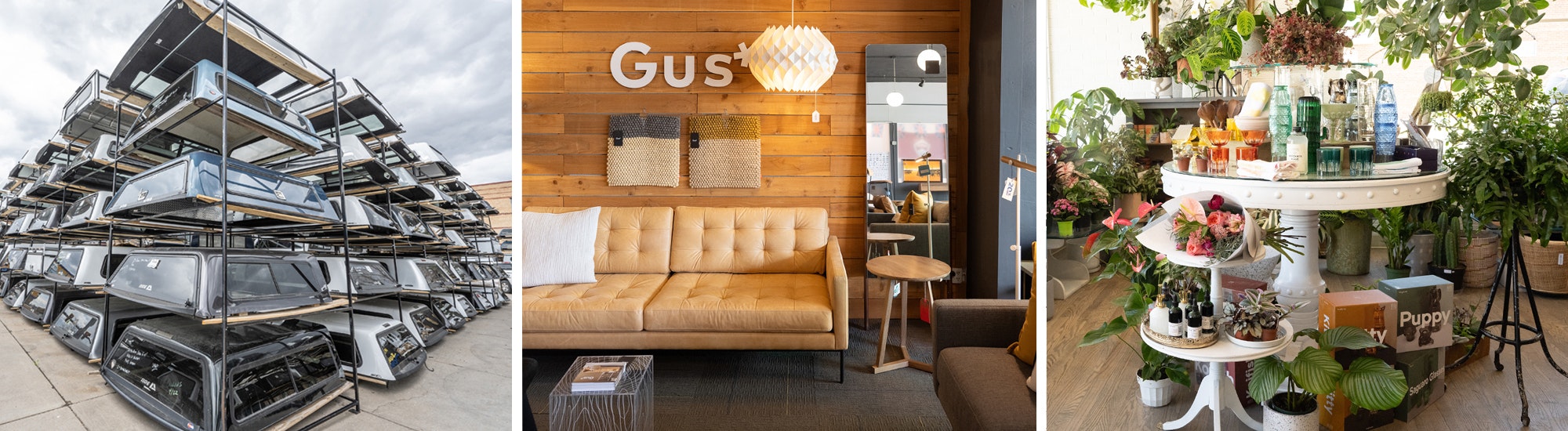 Stacked car hoods, a stylish interior with "Gus" sign, and a boutique with plants and assorted items.