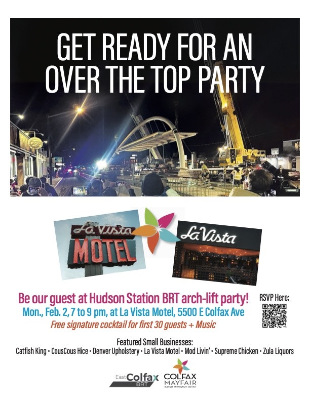 Party invitation for Hudson Station BRT arch-lift at La Vista Motel on Feb 2, 7-9 PM. Free cocktail for first 30 guests!