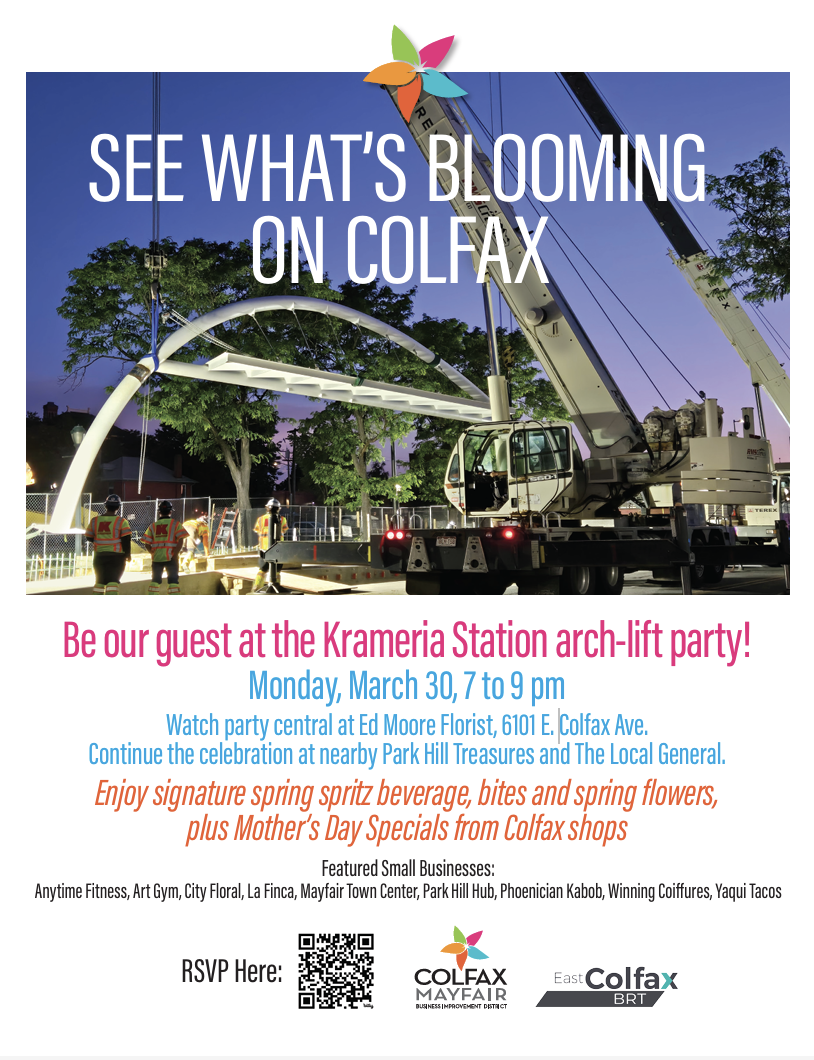 Invitation to the Krameria Station arch-lift party on March 30, featuring local businesses, food, drinks, and Mother’s Day specials.