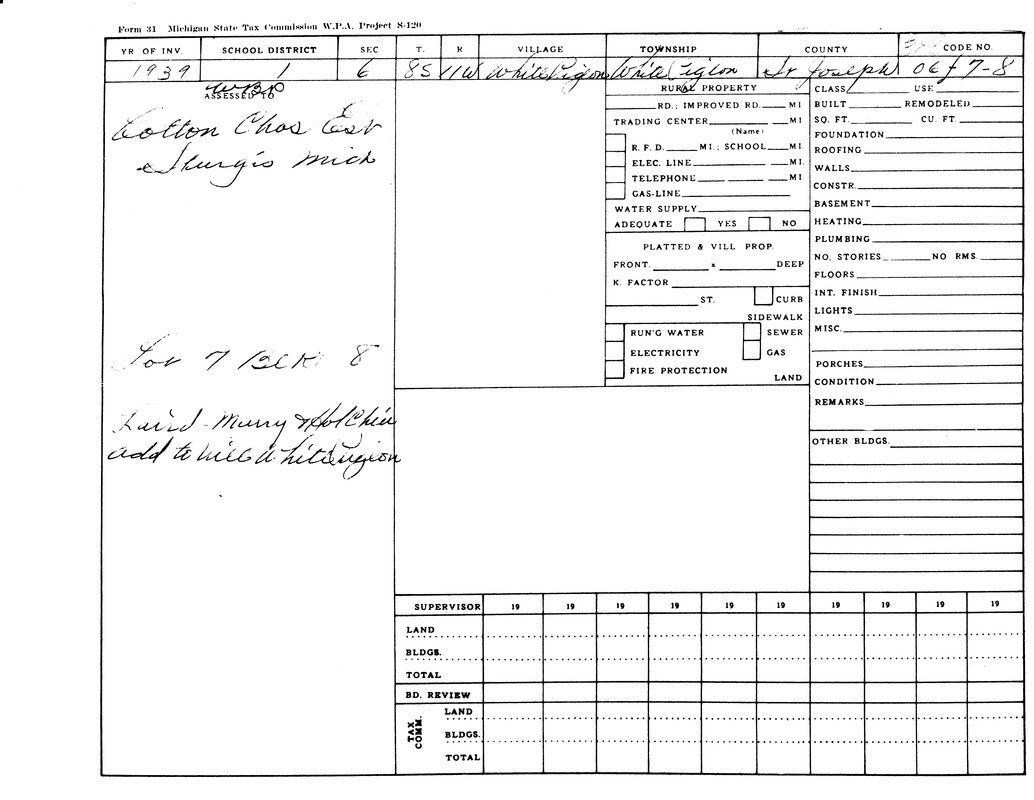 A 1939 Michigan State Tax Commission form with property details in St. Joseph County.