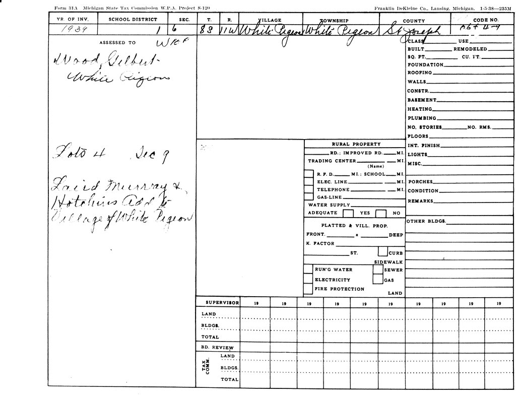 1938 property tax form for White Pigeon, St. Joseph County, Michigan, assessed to Wood Gilbert.