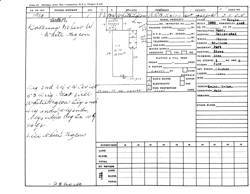 A 1929 Michigan State Tax Commission form detailing property information such as owner, description, building materials, and utilities.