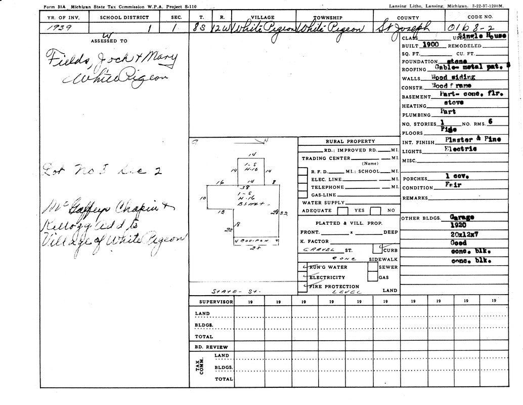 1939 property tax form for a lot in White Pigeon, MI, detailing structure, utilities, and ownership by Jock and Mary Fields.