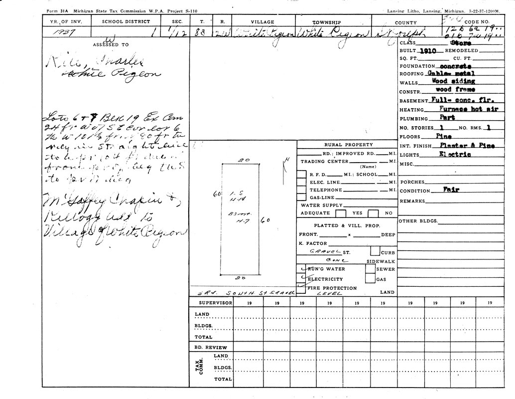 A 1937 property tax form for White Pigeon, detailing a house with wood frame, gable metal roofing, 1 story, electric lights, fair condition.