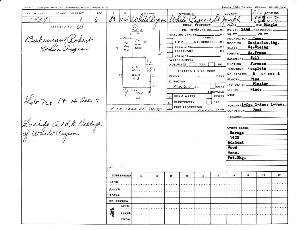 Property record card showing details of a house in Michigan, 1939, for Robert Bakeman, including a sketch, specs, and valuation data.