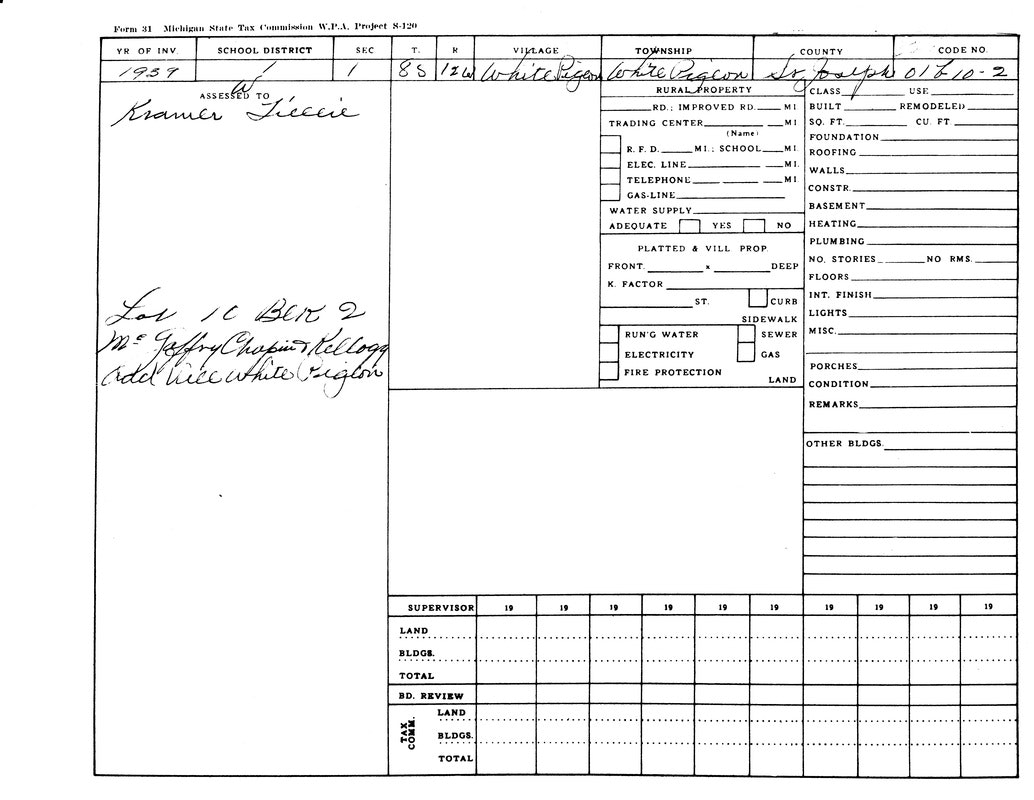 1937 Michigan State Tax Commission form, property assessed to Kramer Friecie, lot details, and infrastructure checkboxes.