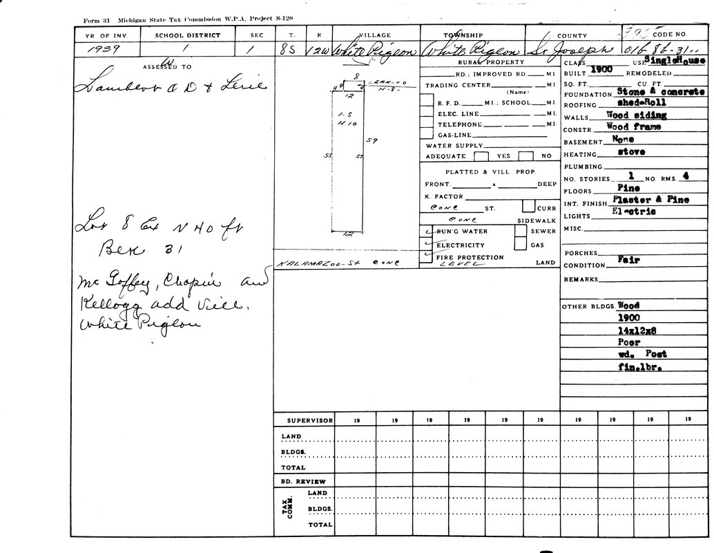 A 1939 Michigan property tax document detailing location, owner, structure details, and utilities for White Pigeon township.