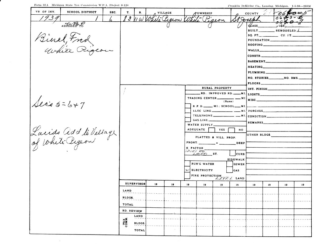 A 1939 Michigan State Tax Commission form for White Pigeon, St. Joseph, listing property details.