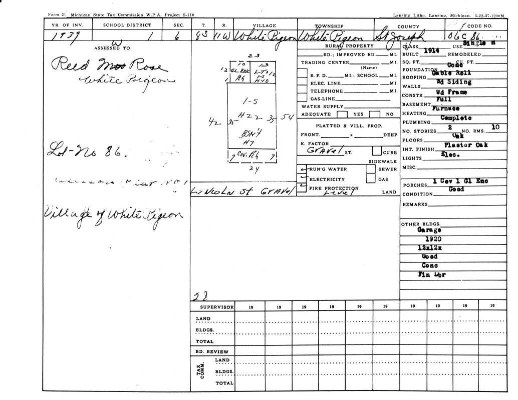 Tax commission document from Michigan detailing property info in White Pigeon, with descriptions of structures and utilities.