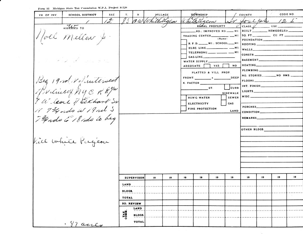 It's a Michigan State Tax Commission form for land assessment, mentioning Noel Mellon Jr., in White Pigeon Twp., St. Joseph County.