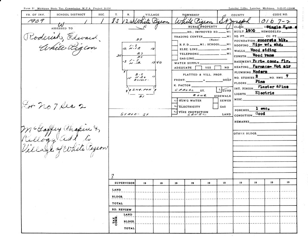 1939 property tax assessment form for White Pigeon, Michigan, detailing a house's features and ownership information.