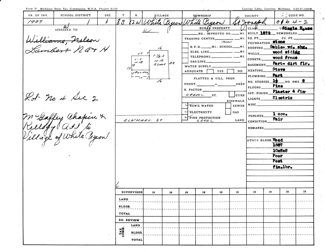 Tax assessment form from 1939 for a property in White Pigeon, Michigan. Includes details on owner, buildings, utilities, and description.