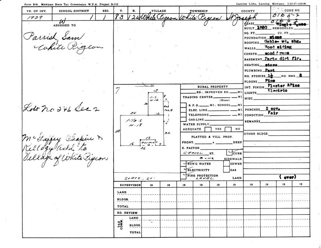 Property tax record for a 1939 home in White Pigeon, Michigan, assessed to "Parrish, Sam." Includes building details and layout.
