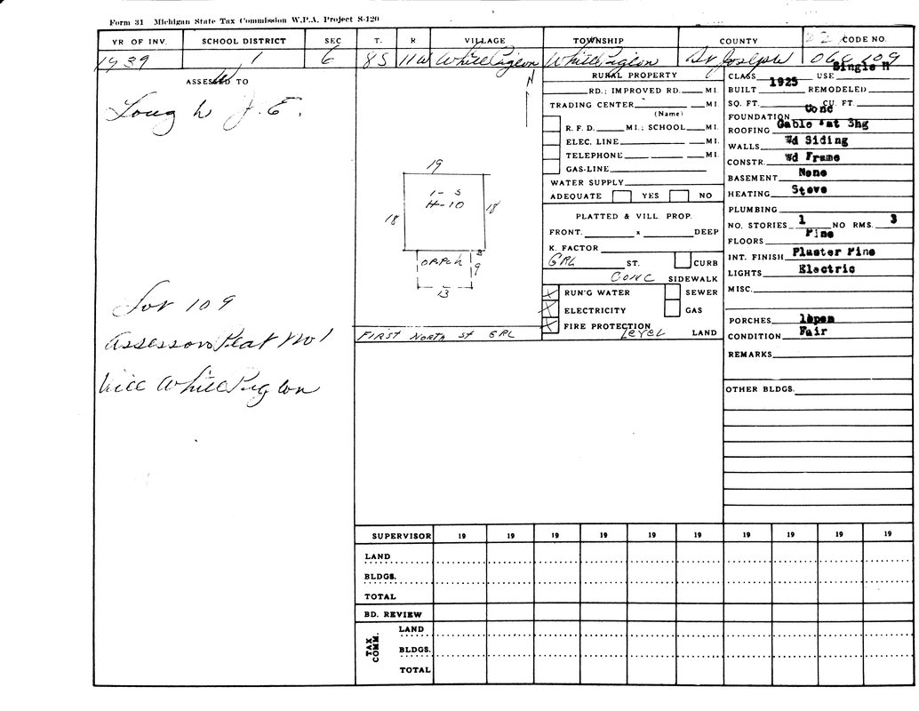 A 1939 Michigan State Tax Commission form for Lot 109, White Pigeon village, noting property details like size, construction, and utilities.