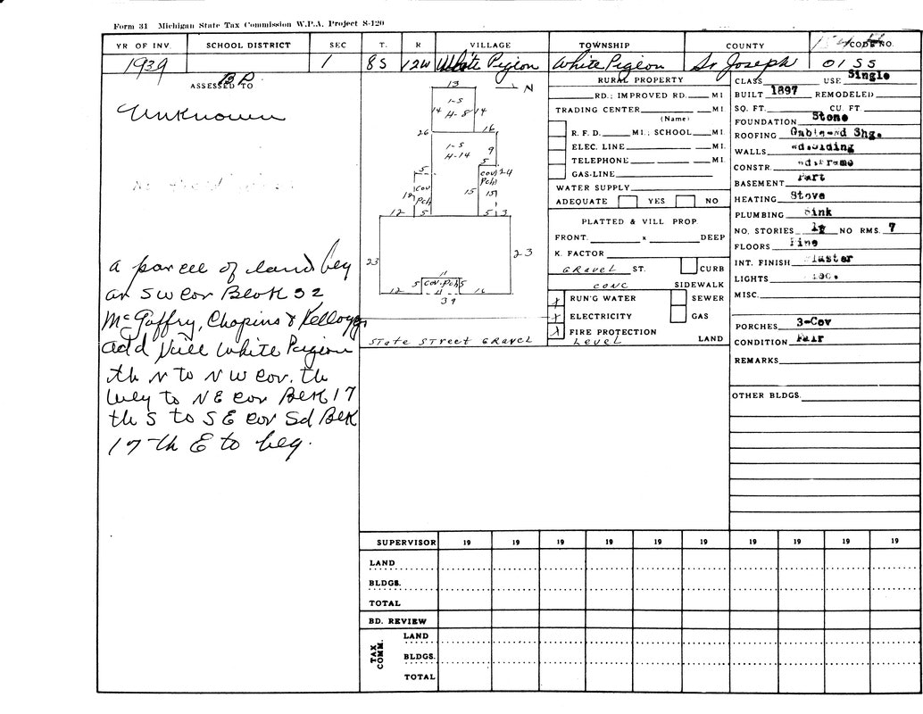 A 1939 property tax assessment form from Michigan for unknown owner, includes land details, structure info, and basic utilities.