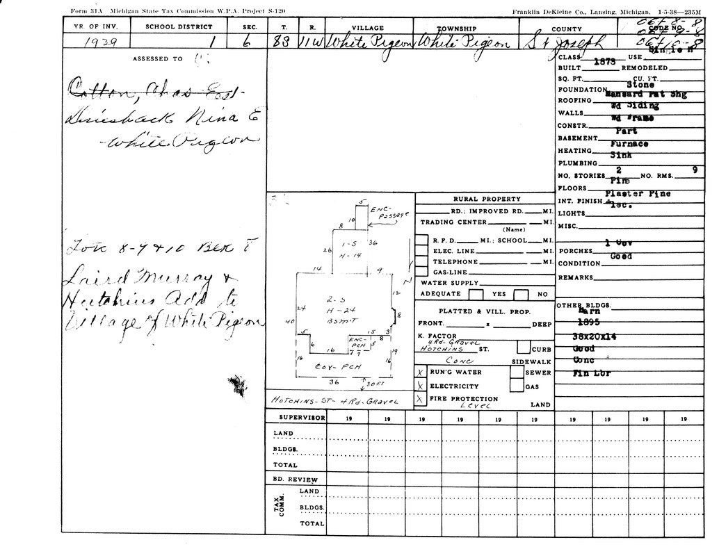 A 1939 Michigan property tax form for White Pigeon, listing owners, land details, and building information.
