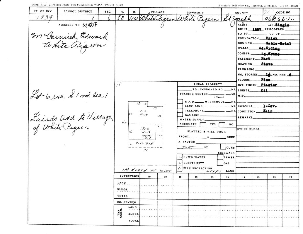 1939 Michigan State Tax form, listing property details in White Pigeon, St. Joseph County. Includes building details and assessment.