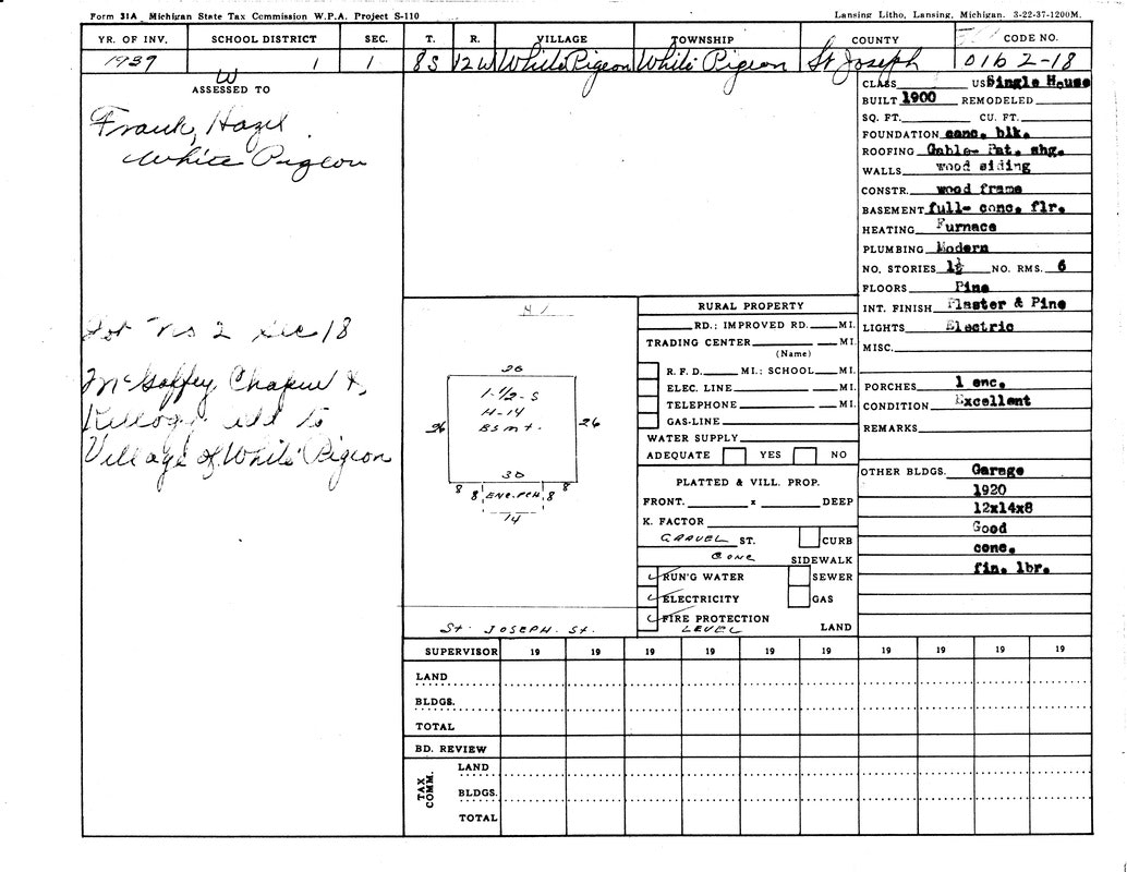 Property assessment form for a house in White Pigeon, Michigan from 1939, detailing construction, features, and condition.