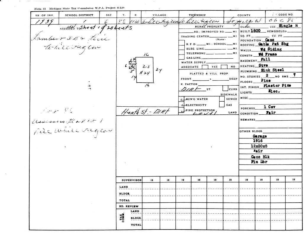 A 1939 Michigan property tax form with details on school district, land size, building type, utilities, and conditions.