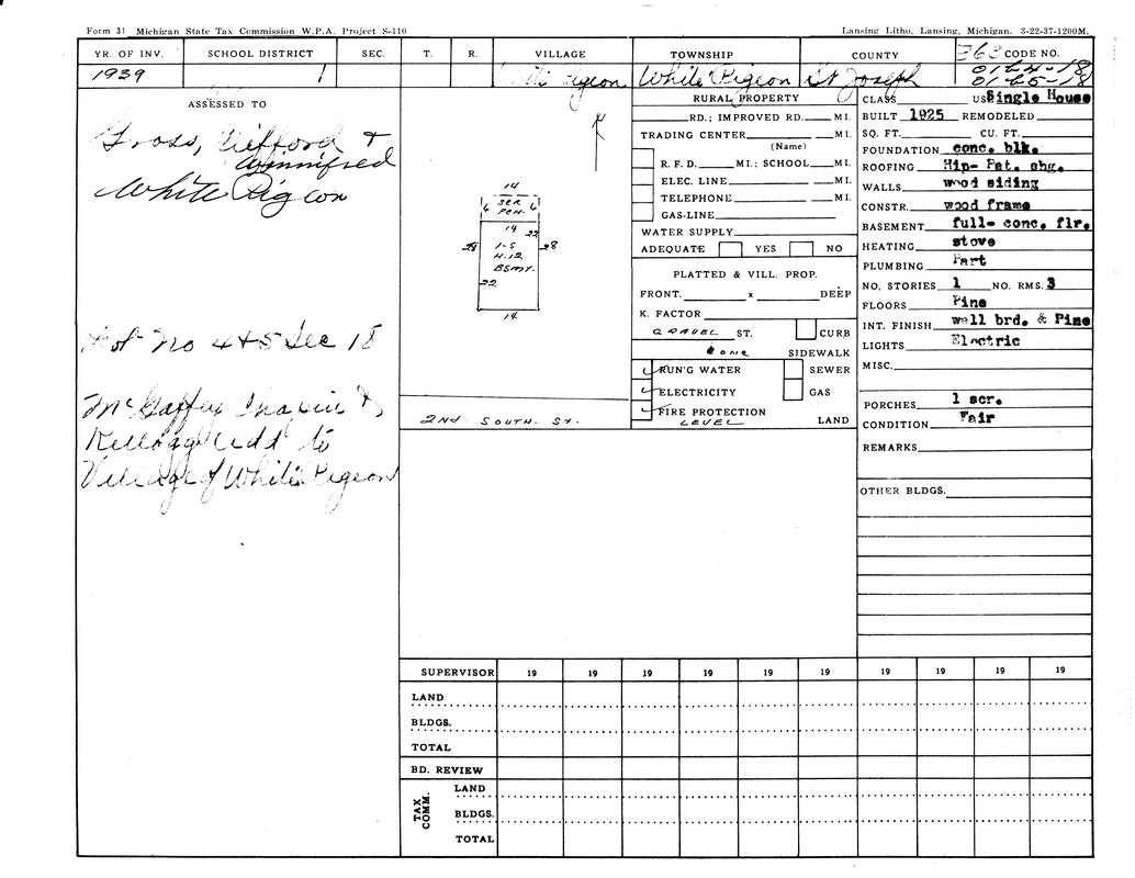 A 1929 property tax form for White Pigeon, Michigan, detailing ownership, land, buildings, and infrastructure.