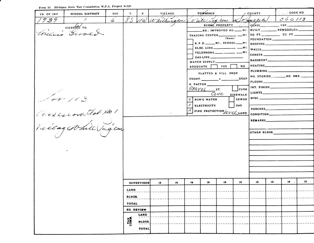 A 1939 Michigan State Tax form with property details for Willis Woods in Leelanau County, Suttons Bay Township, White Wagon Village.
