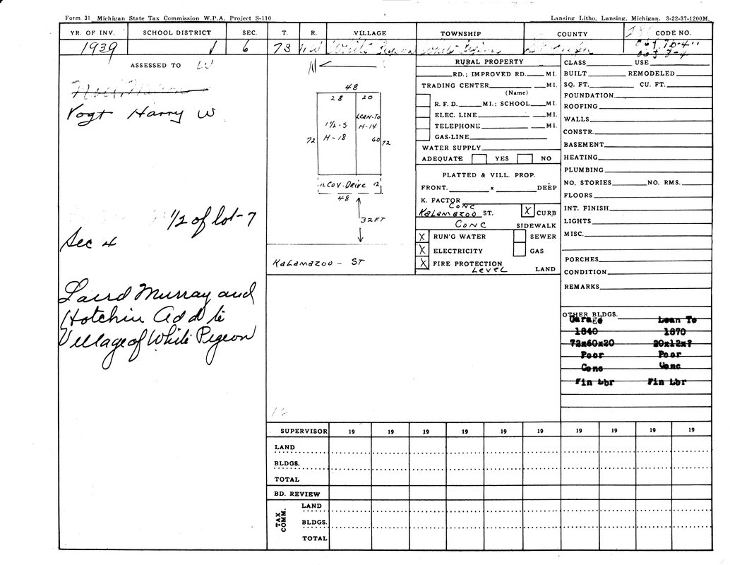 Property tax record, Michigan State Tax Commission, 1939, showing land details, ownership, measurements, and condition notes.