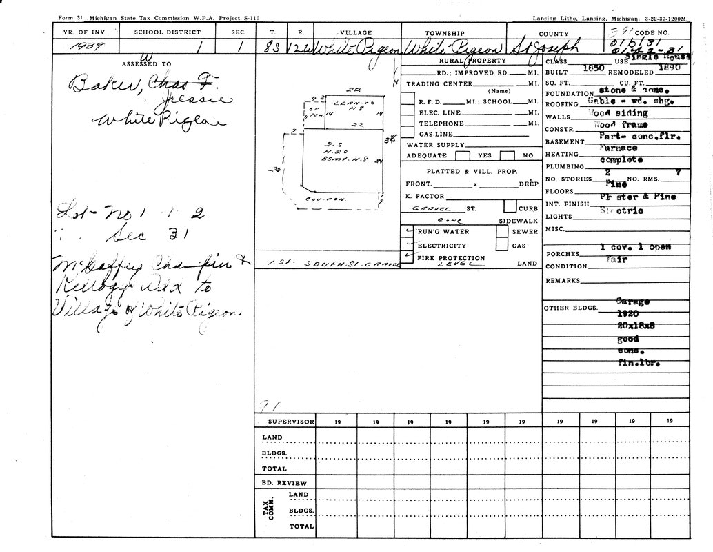 A 1937 property tax form from Michigan detailing land and building information, including structure, utilities, and condition.