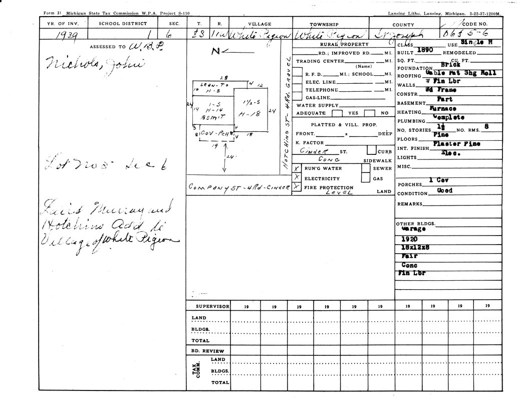 A 1929 Michigan property tax record for John Nichols, detailing building specs and utility info for White Pigeon Village.