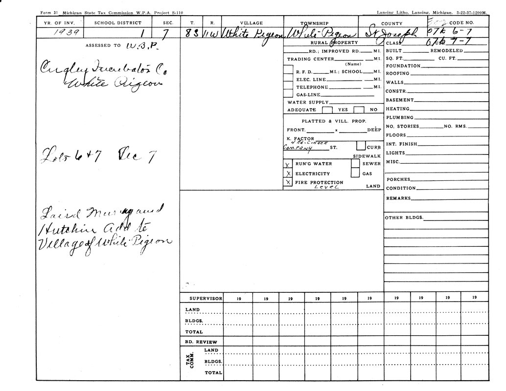 A 1939 Michigan State Tax form for property in White Pigeon, St. Joseph County, with utilities and land details noted.